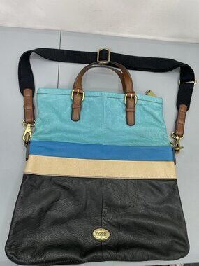 Fossil Explorer Leather‎ Foldover Tote Messenger Shoulder Bag Colorblock Blue
